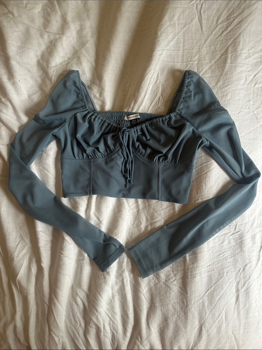 American Eagle Long Sleeve Cropped Top in Slate Blue